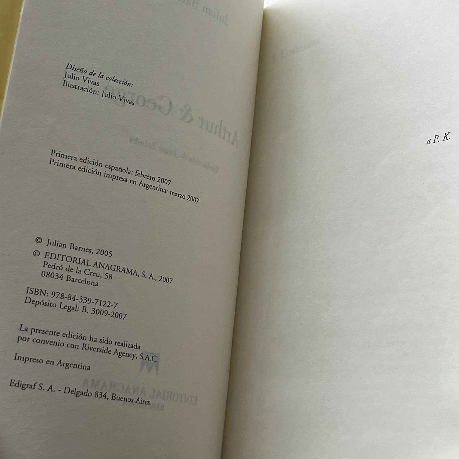 Arthur & George – Julian Barnes - Primera Edición - Editorial Anagrama - Libro Usado